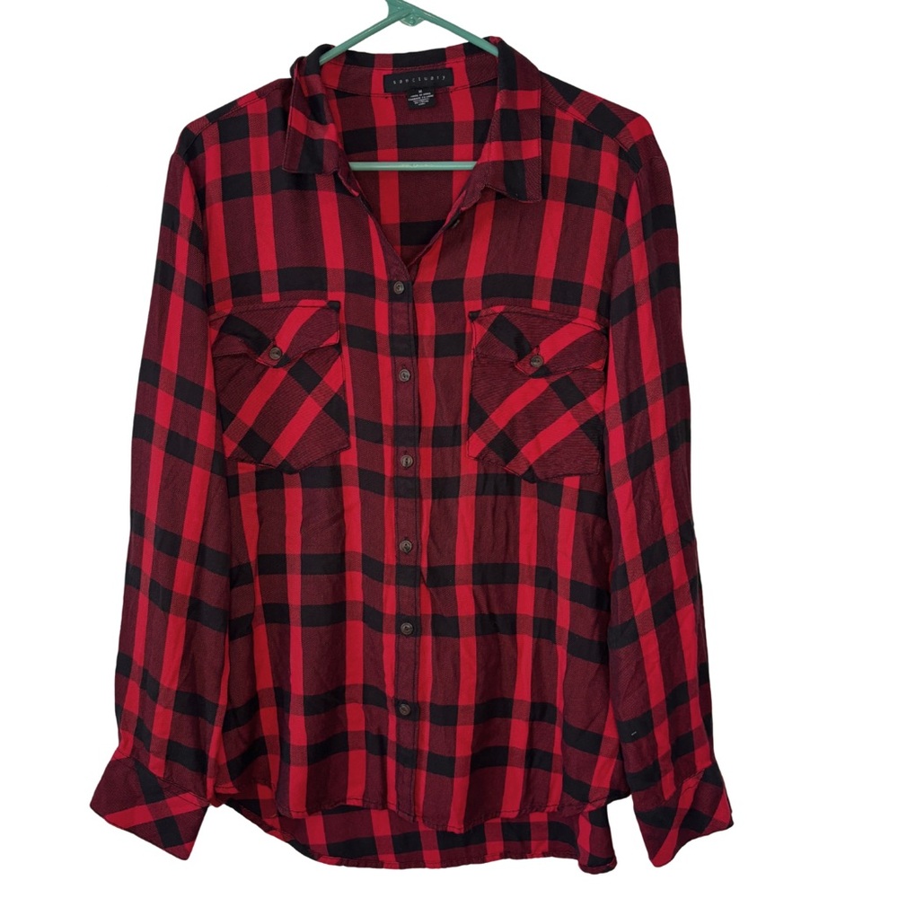 Sanctuary Red & Black Buffalo Plaid Long Sleeve Button Down Shirt Size Medium